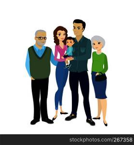 Beautiful happy family couple with son and Grandmother,grandfather, isolated on white background, stock cartoon vector illustration. Beautiful happy family couple with son and Grandmother,grandfath
