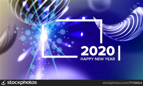 Beautiful Happy New Year Xmas 2020 Banner Vector. Realistic Striped Christmas-tree Balls And Number 2020 Two Thousand Twenty Decorated Glints On Blue Background. Creative Post Card 3d Illustration. Beautiful Happy New Year Xmas 2020 Banner Vector