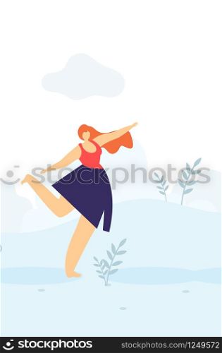 Beautiful Happy Satisfied Cartoon Redheaded Woman Character Dancing Outdoors Flat Banner Floral Style Template Girl Beauty Love Believe in Yourself Freedom Concept Vector Motivate Design Illustration. Beautiful Happy Woman Dancing Outdoors Flat Banner
