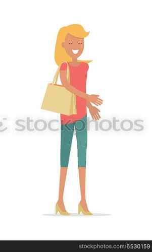 Beautiful Happy Woman Flat Vector Illustration. Happy woman promenade. Beautiful happy blond lady walking with handbag over her shoulder flat vector illustration isolated on white background. For shopping and fashion concepts, advertising. Beautiful Happy Woman Flat Vector Illustration