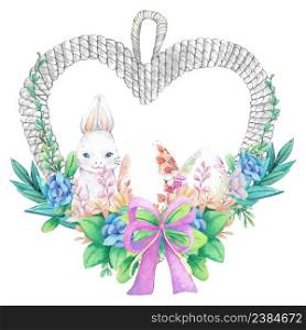 Beautiful heart easter wreath, floral frame. Vector illustration.