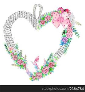 Beautiful heart easter wreath, floral frame. Vector illustration.
