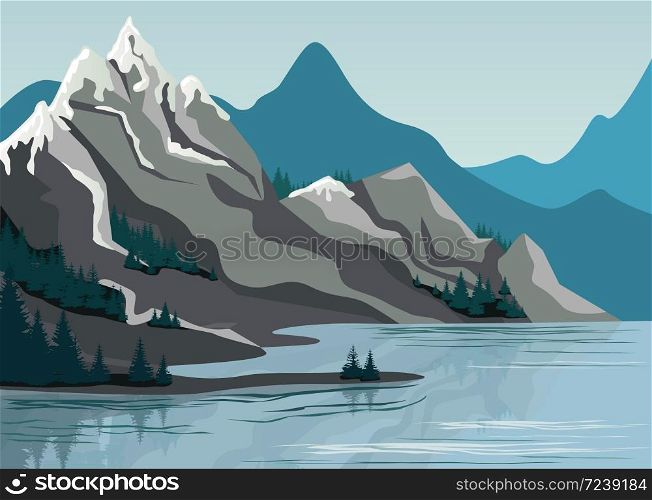 Beautiful high mountain landscape exciting view graphic design. Great nature scenery cliff covered by trees surrounded by clear lake water vector flat illustration. Beautiful high mountain landscape exciting view graphic design