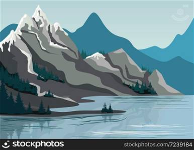 Beautiful high mountain landscape exciting view graphic design. Great nature scenery cliff covered by trees surrounded by clear lake water vector flat illustration. Beautiful high mountain landscape exciting view graphic design