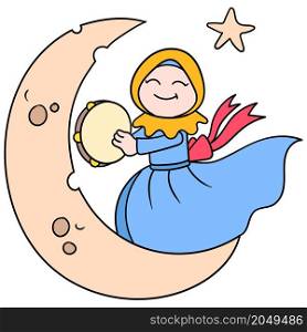 beautiful hijab muslim woman are dancing on the moon