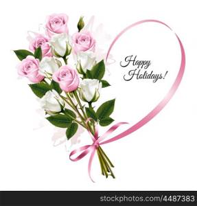 Beautiful holiday card with pink and white roses. Vector.