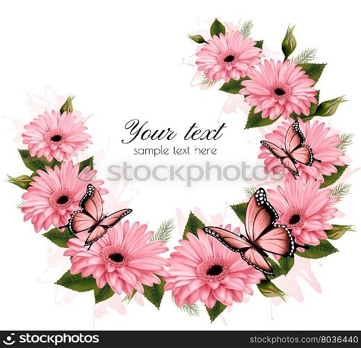 Beautiful holiday card with pink flowers. Vector.