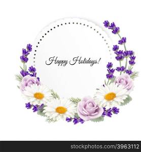 Beautiful holiday greeting card with flower decoration. Vector.