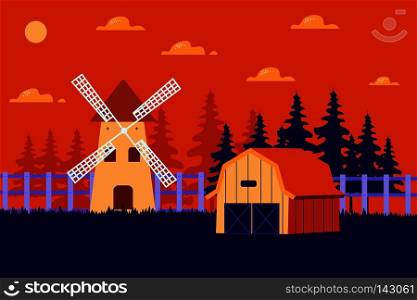 Beautiful horizontal Farm field Nature landscape and a village on a hill. Solitude in nature by the hill. flat modern linear style Vector Flat style concept illustration.