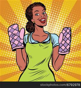 Beautiful housewife mittens for cooking, pop art retro comic book vector illustration