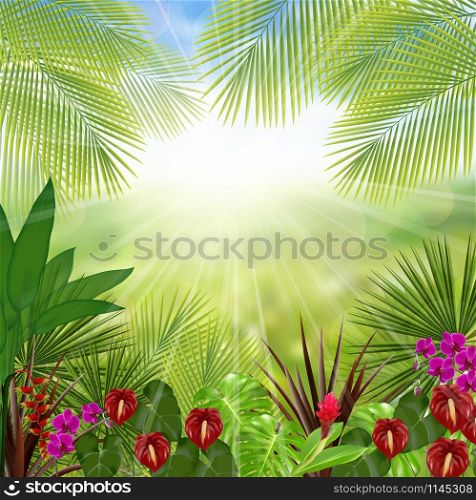 Beautiful in the morning with a tree and flowers. Vector illustration