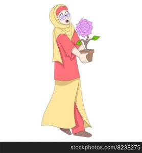 beautiful islamic girl is happy carrying a beautiful rose. vector design illustration art