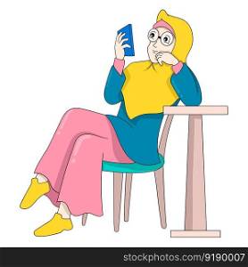 beautiful islamic girl is sitting playing cellphone alone. vector design illustration art