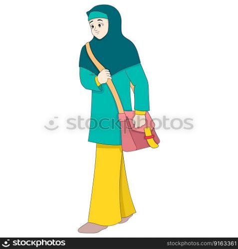 beautiful islamic girl is walking towards school to study. vector design illustration art