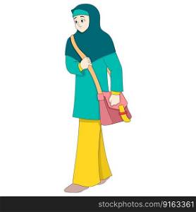 beautiful islamic girl is walking towards school to study. vector design illustration art