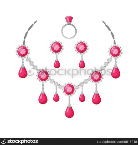 Beautiful Jewelry Accessories Set. Beautiful jewelry accessories set. Silver jewelery set. Necklace, ring and earrings with red gemstone. Jewelry ruby collection. Isolated vector illustration on white background.