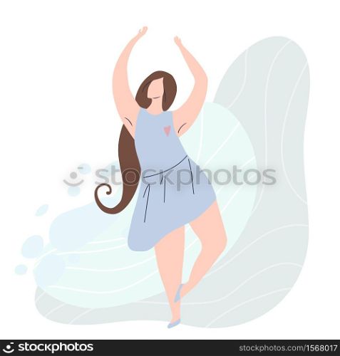 Beautiful joyful girl dancing with abstract background. Modern flat illustration of a strong self sufficient woman for postcards, articles and banners. Self love and body positive. Beautiful joyful girl dancing with abstract background. Modern flat illustration of a strong self sufficient woman