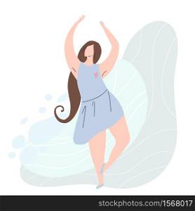 Beautiful joyful girl dancing with abstract background. Modern flat illustration of a strong self sufficient woman for postcards, articles and banners. Self love and body positive. Beautiful joyful girl dancing with abstract background. Modern flat illustration of a strong self sufficient woman
