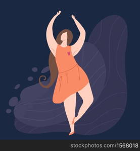 Beautiful joyful woman dancing on abstract background. Modern flat illustration of a strong self sufficient woman for postcards, articles and banners. Self love and body positive. Beautiful joyful woman dancing on abstract background. Modern flat illustration of a strong self sufficient woman