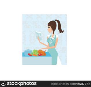 Beautiful lady cooking chicken Royalty Free Vector Image