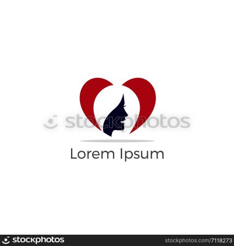 Beautiful lady in heart logo design. Spa and salon vector icon. make up artist illustration. women day and massage center.