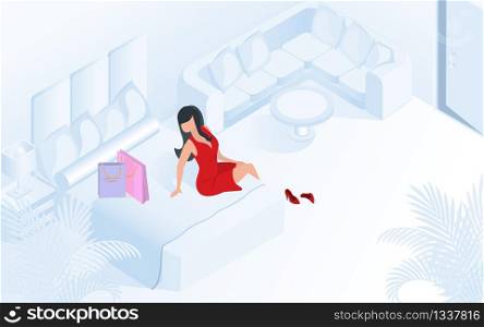 Beautiful Lady in Red Dress with Shopping Bags on Bed at Modern Hotel Room. Vector Isometric Illustration Young Woman took off Shoes Resting after Shopping in Bedroom. Comfortable Scandinavian Room.. Lady in Red Dress with Shopping Bags Hotel Room