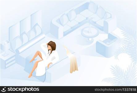 Beautiful Lady in White Bathrobe on Double Bed with Shopping Bags near it at Modern Hotel Room with large Window . Vector Isometric Illustration of Young Woman Resting after Shopping in Bedroom. Beautiful Lady in White Bathrobe on Double Bed