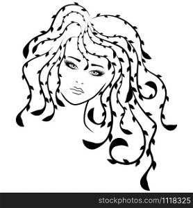 Beautiful lady with stylish luxurious floral hair and with distinctive eyes and lips, vector as hair care