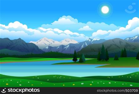 Beautiful landscape - lake, forest with pine trees and mountains, blue sky with clouds and sun, vector illustration flat style. Beautiful landscape with lake, forest and mountains