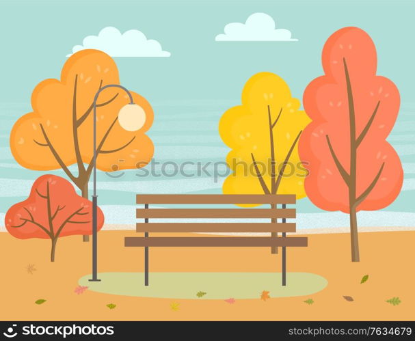 Beautiful landscape of autumn park illustration. Vector wooden bench, near stand street lamp. Trees with yellow and orange foliage, golden leaves falling on ground. Nature fall view without people. Landscape of Autumn Park, Wooden Bench near Trees