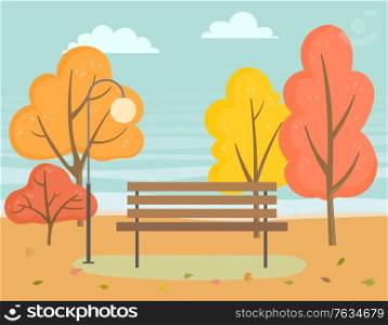 Beautiful landscape of autumn park illustration. Vector wooden bench, near stand street lamp. Trees with yellow and orange foliage, golden leaves falling on ground. Nature fall view without people. Landscape of Autumn Park, Wooden Bench near Trees