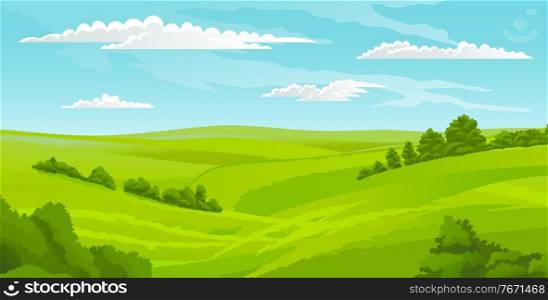 Beautiful landscape, scene with green lawn and bushes, sky with clouds. Summer time, nobody. Greenery of summer. Summer scenery, horizontal view of rural scene. Calm nature, hot weather, morning. Beautiful summer landscape with green hills, bushes and horizon line, sky with clouds, summertime