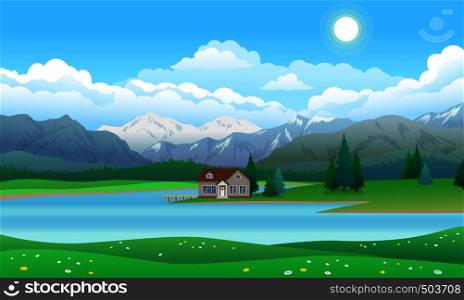 Beautiful landscape with house with pier on lake, forest with pine trees and mountains, blue sky with clouds and sun, vector illustration flat style. Beautiful landscape with house on lake, forest and mountains