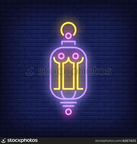 Beautiful lantern neon sign. Glowing vintage lamp on dark brick wall background. Night bright advertisement. Vector illustration in neon style for decoration or holiday