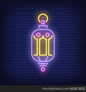 Beautiful lantern neon sign. Glowing vintage lamp on dark brick wall background. Night bright advertisement. Vector illustration in neon style for decoration or holiday
