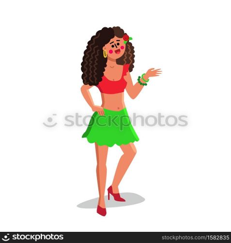Beautiful Latina Girl With Rose Bud In Hair Vector. Pretty Young Curly Latina Girl Wearing Skirt And Shirt Top. Attractive Exotic Hispanic Character Woman Flat Cartoon Illustration. Beautiful Latina Girl With Rose Bud In Hair Vector