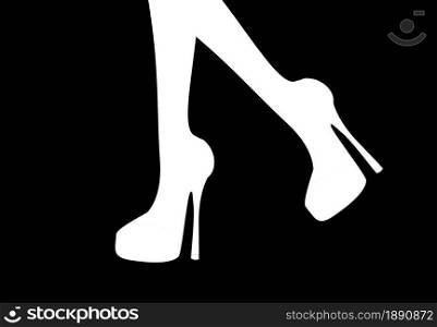 Beautiful legs white silhouette with high heeled shoes walking on black background. Alpha channel. Vector fashion illustration.