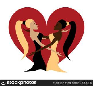 Beautiful lesbian couple girls in love with heart isolated icon. LGBT vector illustration. Homosexuality, pride, diversity, equality, freedom concept.