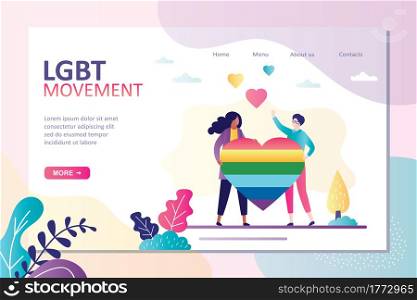 Beautiful lesbian couple with LGBT symbol. Two girls holding rainbow heart. Concept of lgbt movement, sexual orientation, homosexuality. Landing page template, web site design.Flat vector illustration. Beautiful lesbian couple with LGBT symbol. Two girls holding rainbow heart. Concept of lgbt movement, sexual orientation, homosexuality