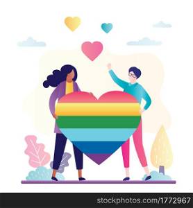Beautiful lesbian couple with LGBT symbol. Two girls holding rainbow heart. Concept of lgbt movement, sexual orientation, homosexuality. Fight for your rights, pride parade. Flat vector illustration. Beautiful lesbian couple with LGBT symbol. Two girls holding rainbow heart. Concept of lgbt movement, sexual orientation, homosexuality.