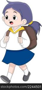 beautiful little girl wearing uniform and carrying bag, going to school, creative illustration design