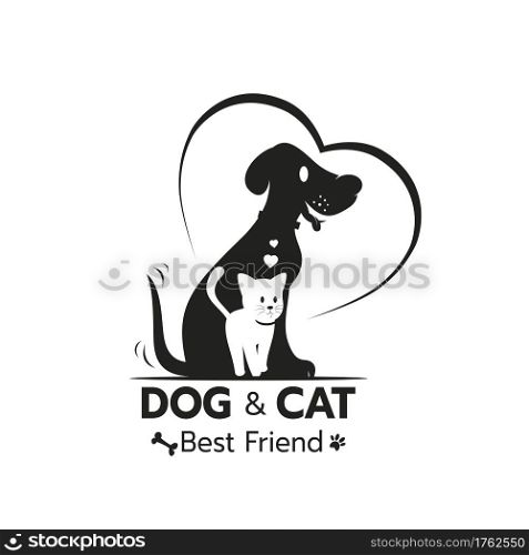 Beautiful logo icon Cat and dog with heart, Stylized image of Cat and dog logo template, Creative logo design Cat and dog silhouette, Pet care logo concept on white backgrond vector illustration