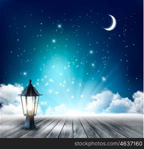 Beautiful magical night background with moon and lantern. Vector.