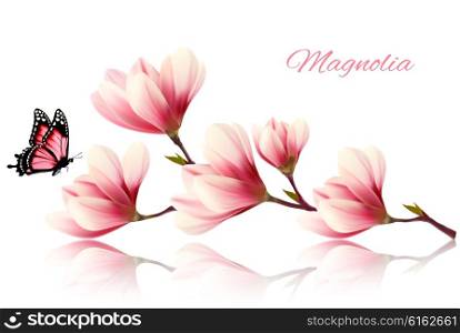 Beautiful magnolia branch with a butterfly. Vector.