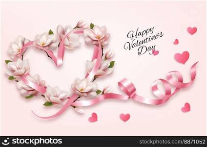 Beautiful magnolia flowers and ribbon shape heart on a pink backround Valentine’s Day background. Vector illustration