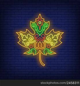 Beautiful maple leaf neon sign. Canada, autumn, advertisement design. Night bright neon sign, colorful billboard, light banner. Vector illustration in neon style.