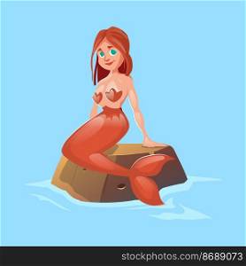 Beautiful mermaid girl sitting on stone in water. Vector cartoon illustration of adorable fantasy character, fairy tale woman with fish tail sitting on rock in sea or ocean. Beautiful mermaid girl sitting on stone in water