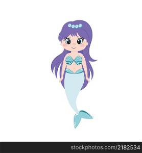 Beautiful mermaid with big eyes and purple long hair. Mermaid isolated on a white background. Vector children&rsquo;s cartoon illustration. Drawing for a girl. Dolls, toys, fairies and magic.