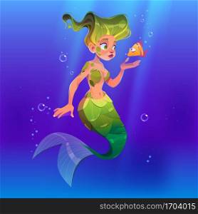 Beautiful mermaid with little fish underwater in sea. Vector cartoon illustration of cute girl fish character with green hair and tail with scale in ocean water with bubbles. Girl mermaid with little fish in sea