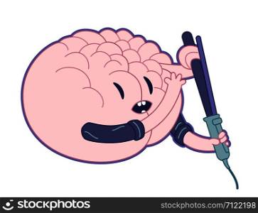 Beautiful mind flat cartoon vector illustration - a brain curling it s hair with a curling iron. Part of a Brain collection.. Beautiful mind, Brain collection